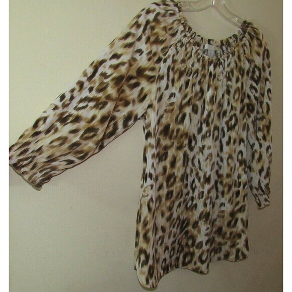 Chicos 1 Womens Medium Animal Print Top Brown & Gold Elastic Hem 1/4 Button - Picture 1 of 7